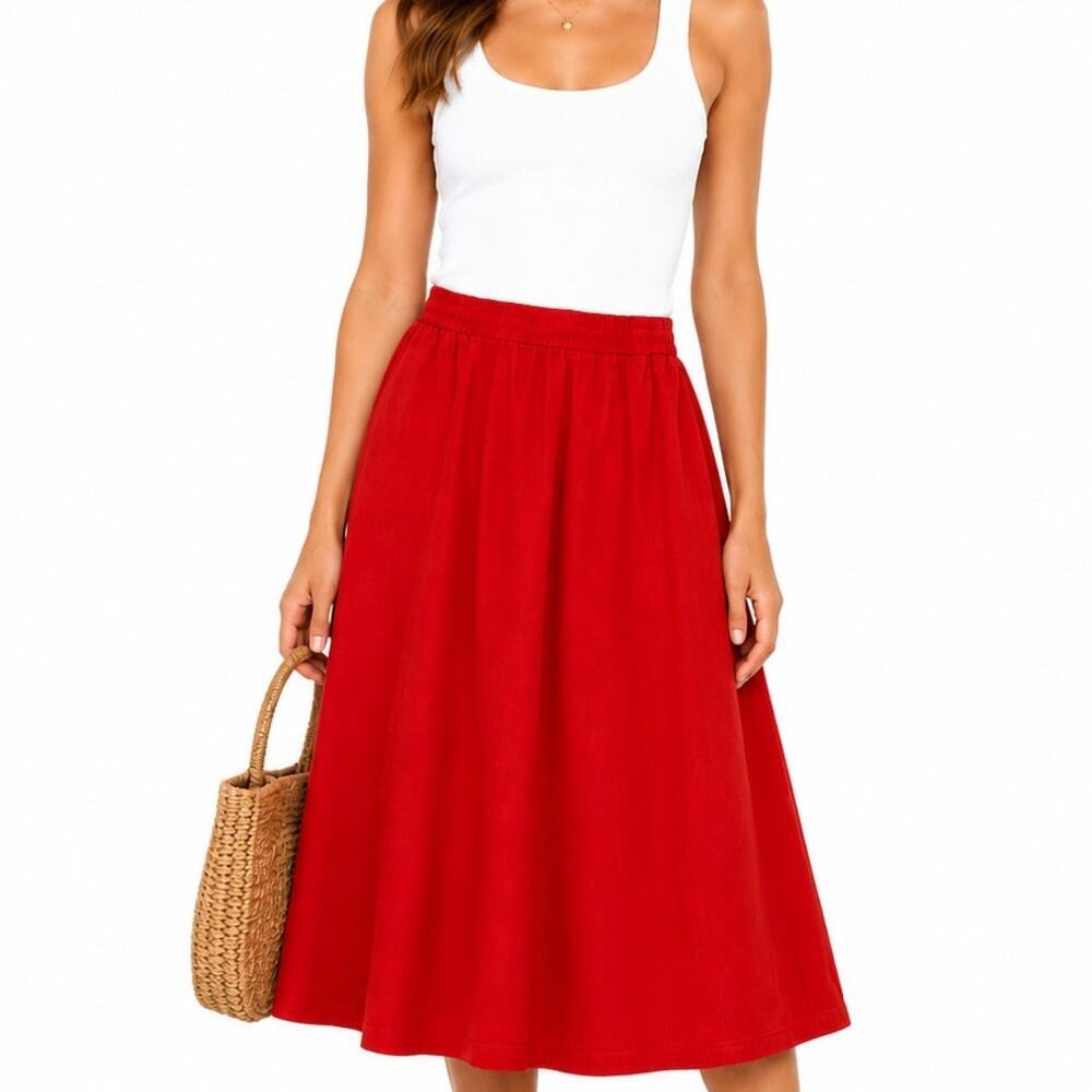 Pia Rucci Red 100% Genuine Suede Leather A-Line Midi Skirt
